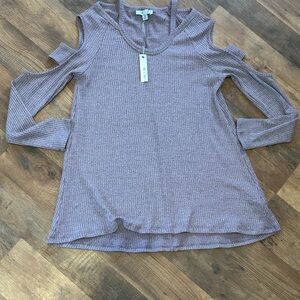 She and Sky lavender Ribbed Knit Top partial open shoulder size small NWT